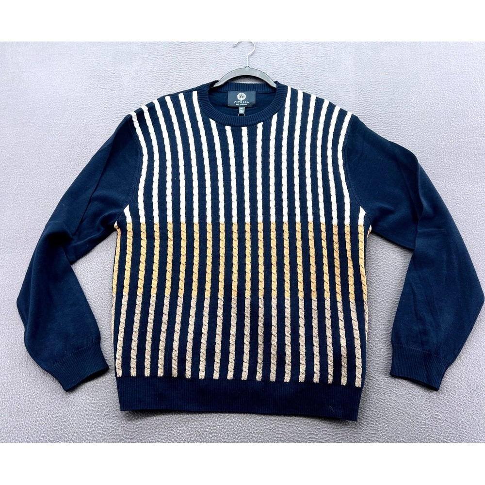 Viyella Sweater Mens L Navy Blue Cable Knit Striped Crewneck Made in Italy